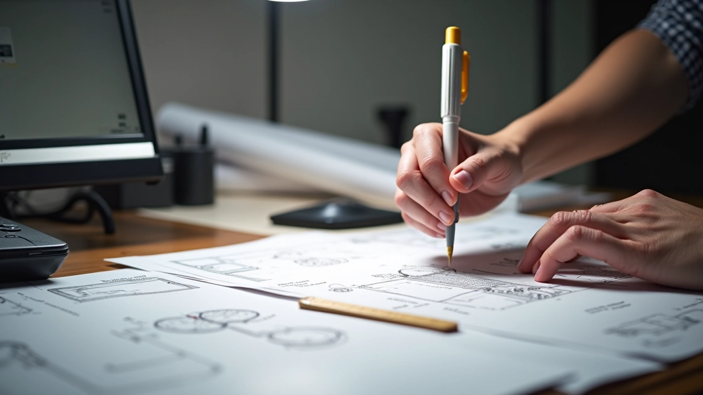 Professional architect working on blueprint drawings with scale ruler and pencil on drafting table