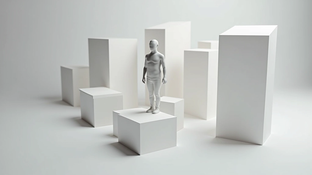 Unreal Engine scene showing character placeholder standing next to simple geometric blocks for scale reference and spatial proportion validation