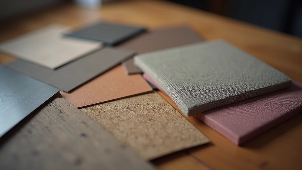 Detailed close-up of various material samples showing different surface finishes like metal, wood, plastic, and fabric textures