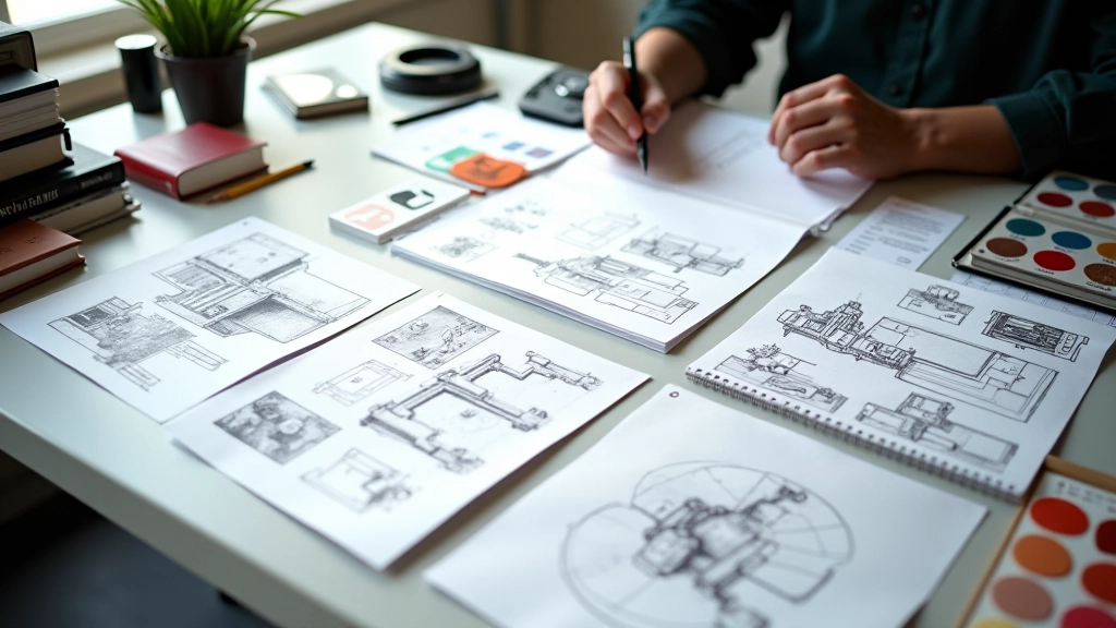 Designer or architect reviewing scene sketches and reference images spread on desk with lighting adjustments and color studies visible