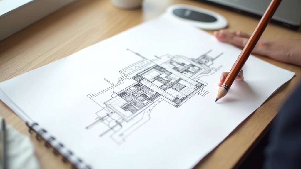Hand-drawn scene layout sketch showing bird's-eye view with camera position, focal points, and major elements roughly blocked out