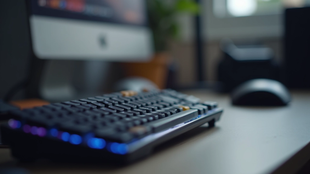 Close-up of keyboard with WASD and function keys highlighted, professional workspace photo