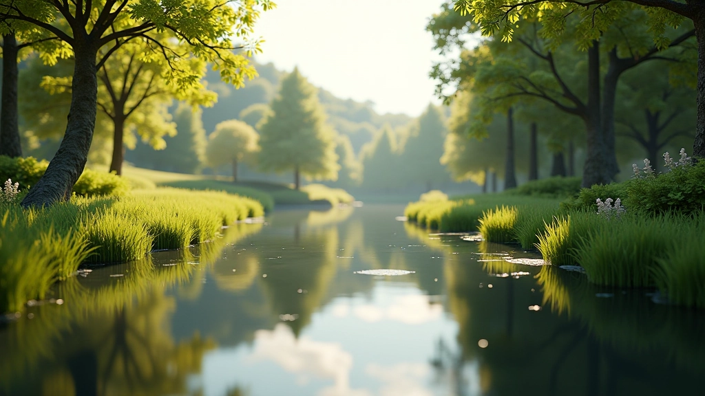Realistic outdoor environment in Unreal Engine with natural lighting, trees, water reflection, and photorealistic materials