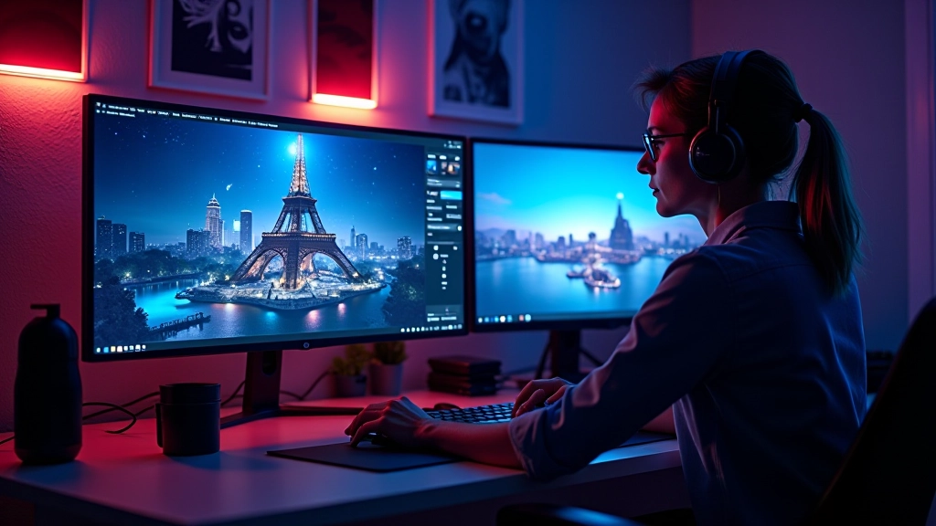 Professional 3D workspace with multiple monitors displaying Unreal Engine interface and virtual environment development